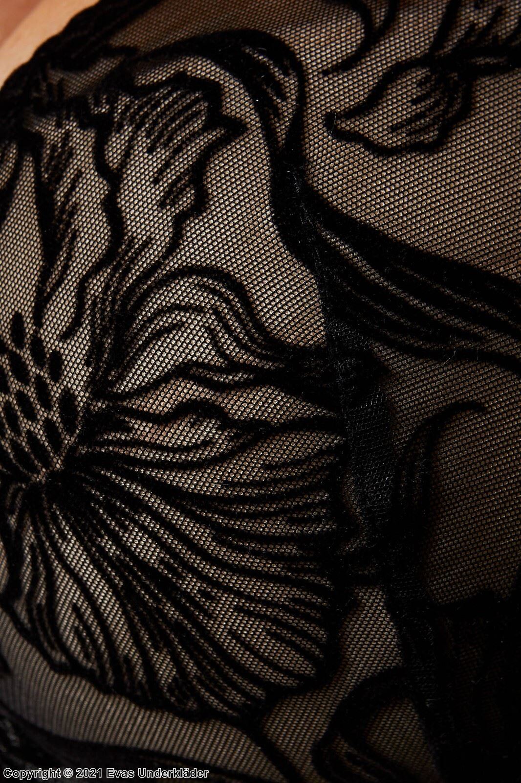 Soft bra, sheer mesh, crossing straps, velvet, flowers